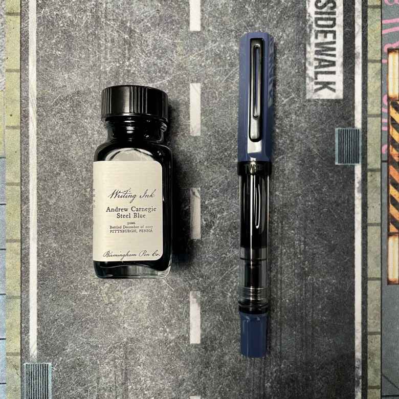 Slate Blue TWSBI Eco (Extra Fine) filled with Birmingham Andrew Carnegie Steel Blue